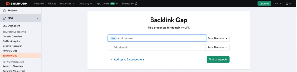 semrush backlink gap analysis tool